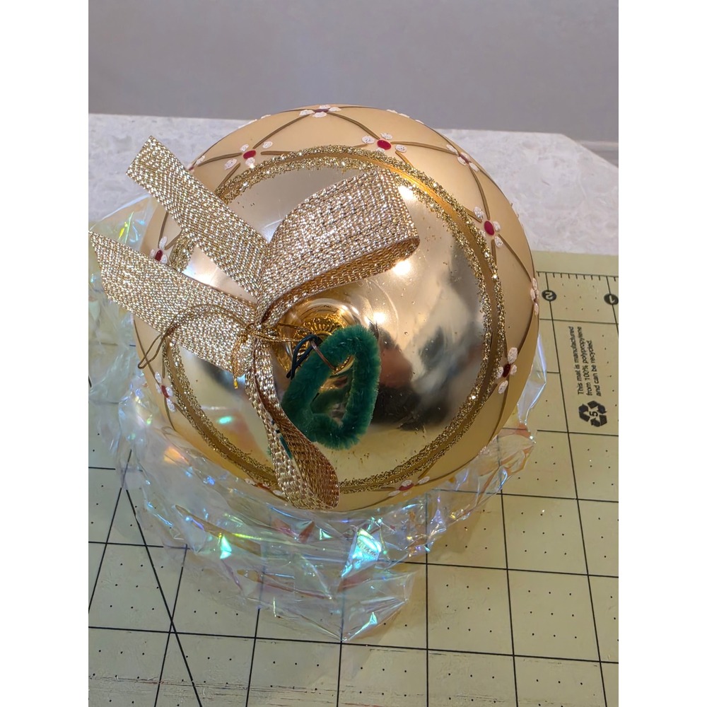 Fine European Glass Christmas Ornament Poland Gold Lattice Floral 4 Inch Large
